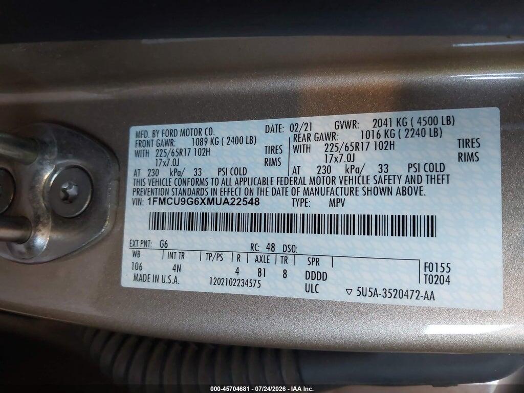 1FMCU9G6XMUA22548 2021 FORD ESCAPE photo no. 9