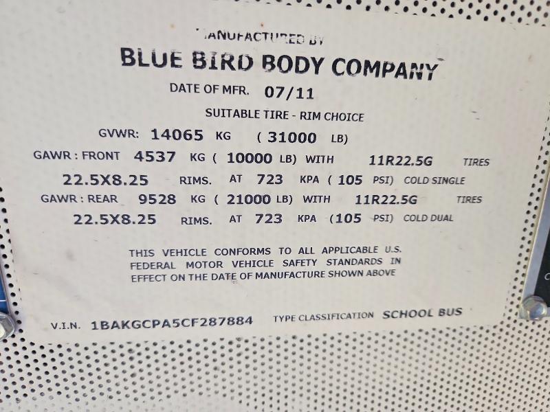 1BAKGCPA5CF287884 2012 BLUEBIRD VISION photo no. 10