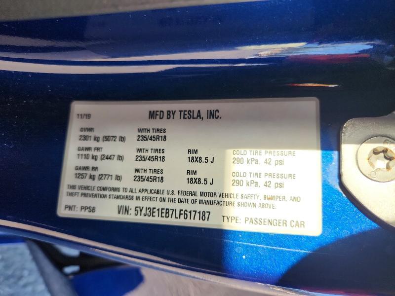 5YJ3E1EB7LF617187 2020 TESLA MODEL 3 photo no. 12