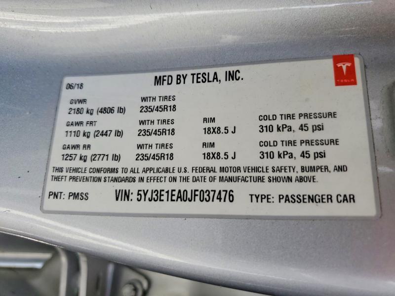 5YJ3E1EA0JF037476 2018 TESLA MODEL 3 photo no. 12