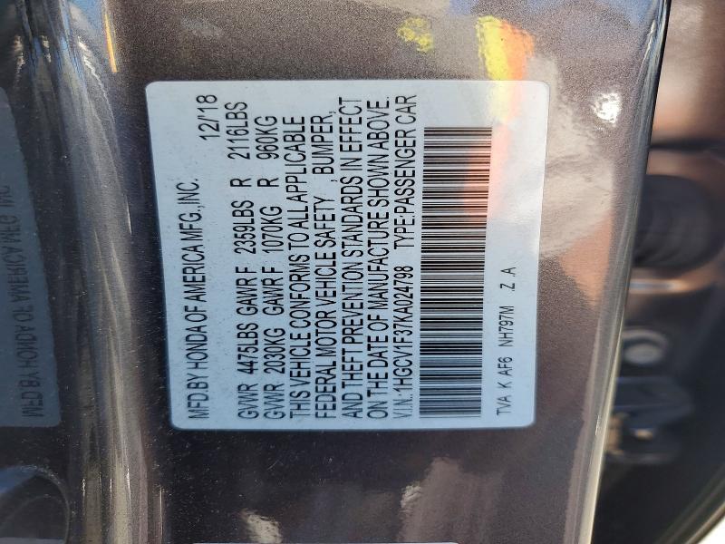 1HGCV1F37KA024798 2019 HONDA ACCORD photo no. 12