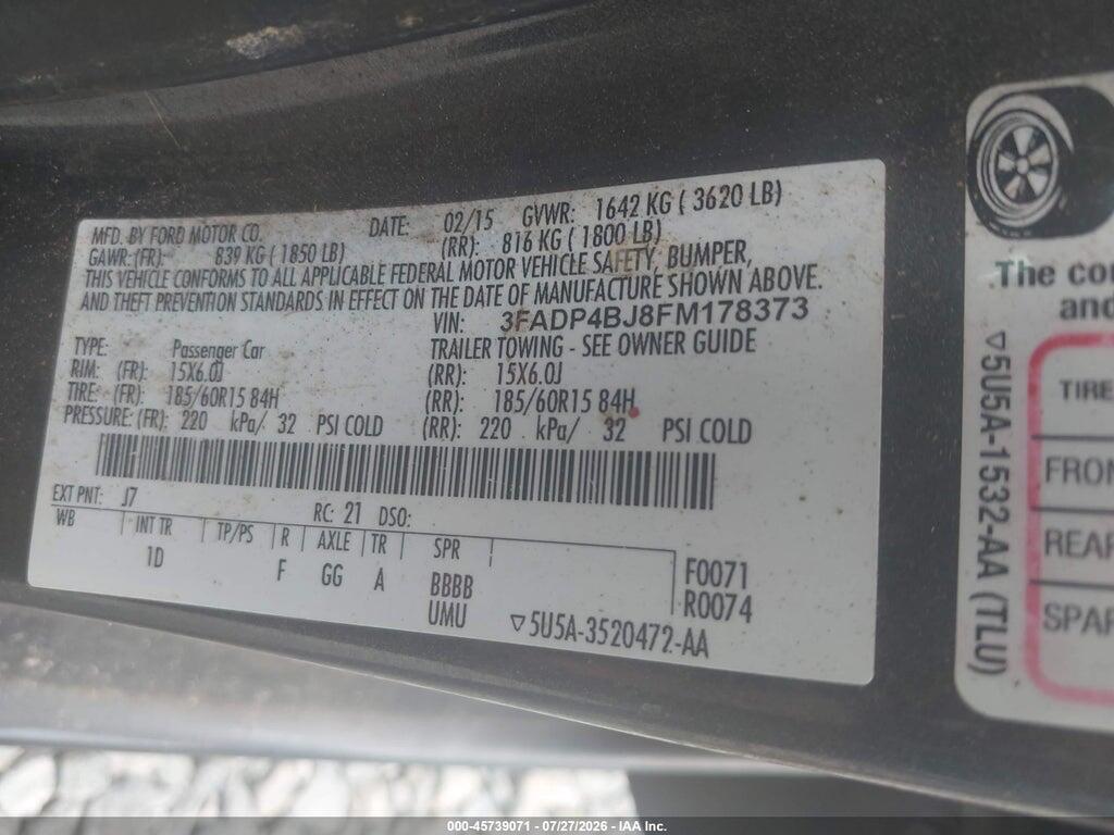 3FADP4BJ8FM178373 2015 FORD FIESTA photo no. 9