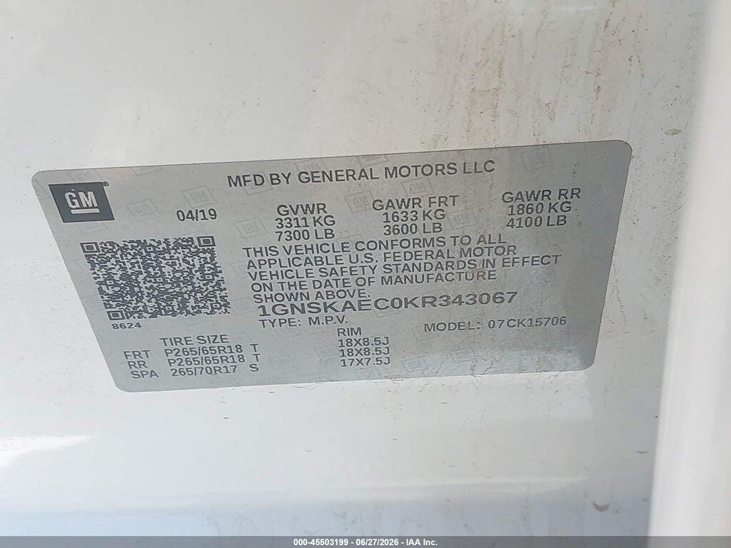 1GNSKAEC0KR343067 2019 CHEVROLET TAHOE photo no. 9