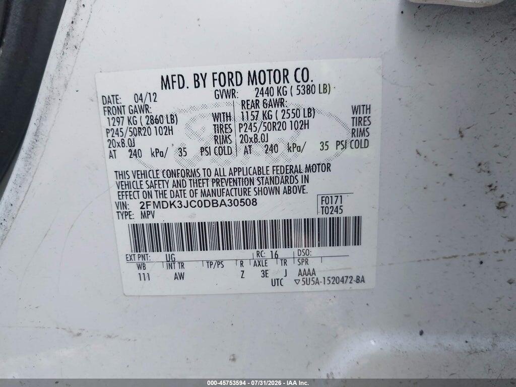 2FMDK3JC0DBA30508 2013 FORD EDGE photo no. 9