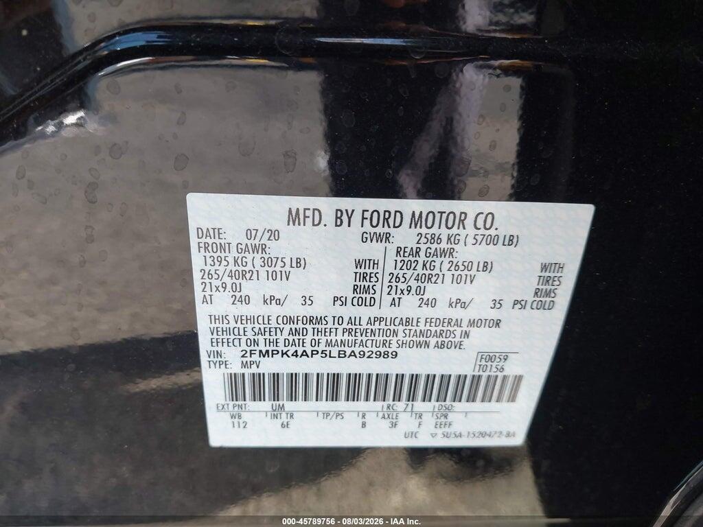 2FMPK4AP5LBA92989 2020 FORD EDGE photo no. 9