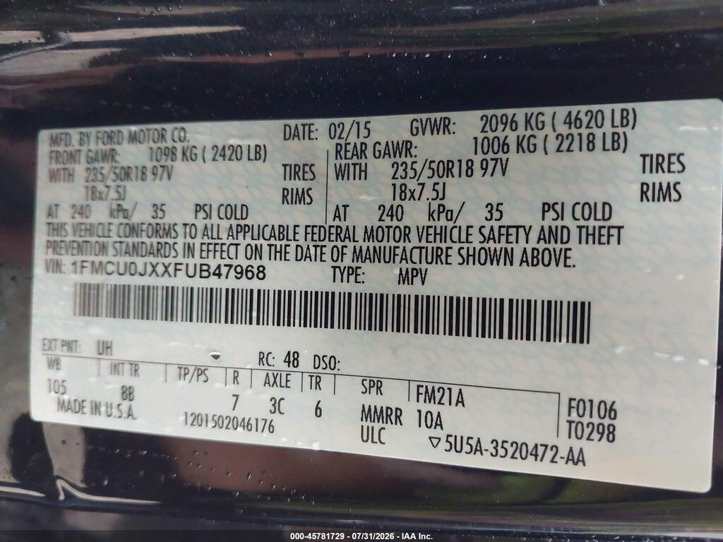 1FMCU0JXXFUB47968 2015 FORD ESCAPE photo no. 9