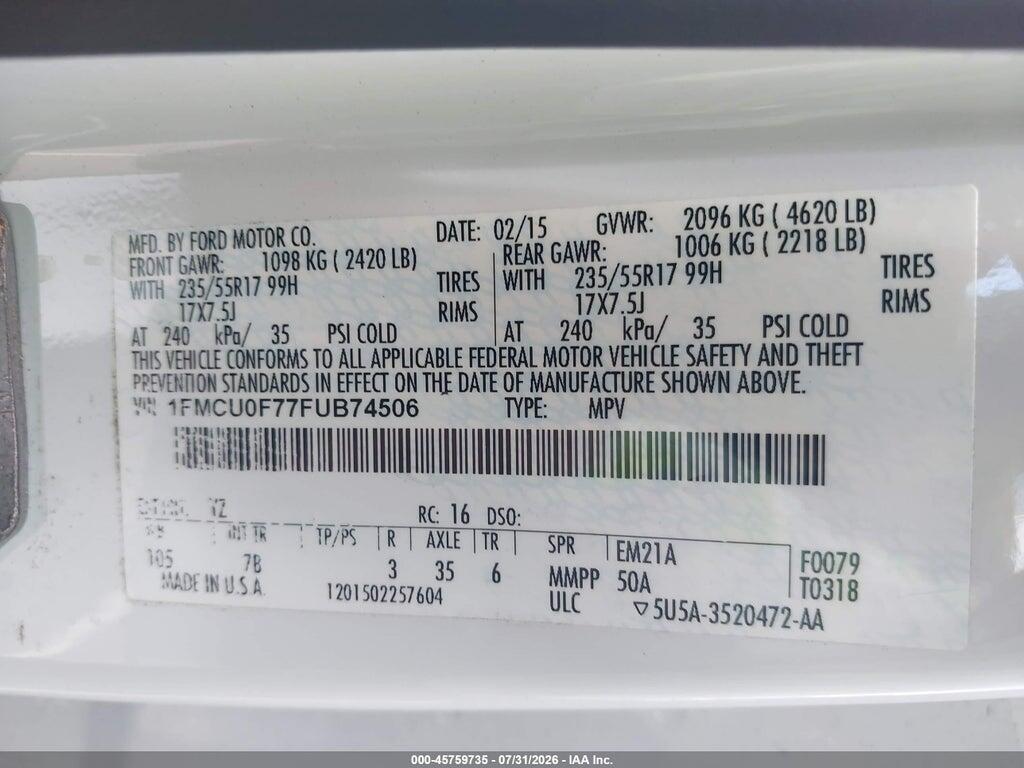 1FMCU0F77FUB74506 2015 FORD ESCAPE photo no. 9