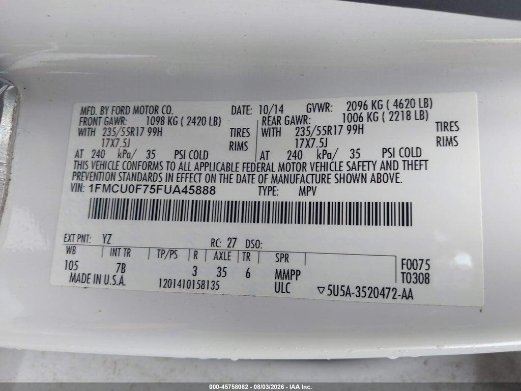 1FMCU0F75FUA45888 2015 FORD ESCAPE photo no. 9