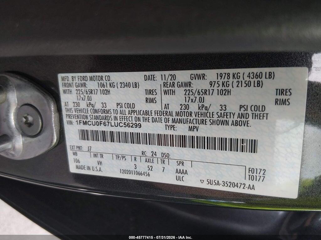 1FMCU0F67LUC56299 2020 FORD ESCAPE photo no. 9