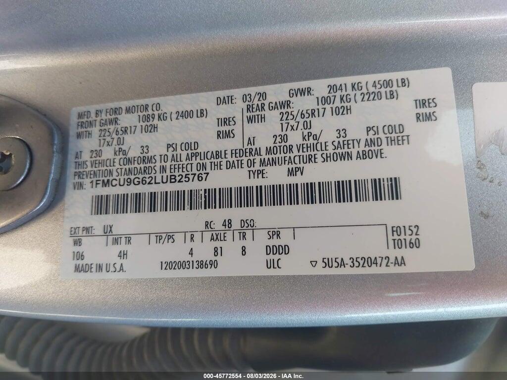 1FMCU9G62LUB25767 2020 FORD ESCAPE photo no. 8