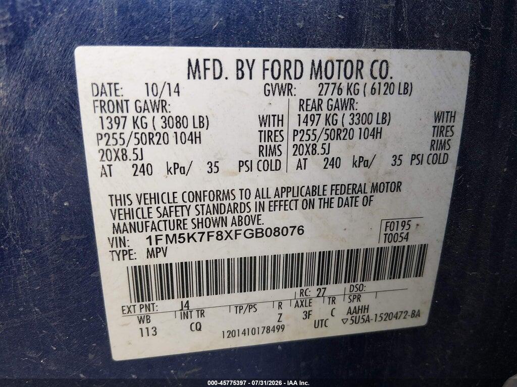 1FM5K7F8XFGB08076 2015 FORD EXPLORER photo no. 9
