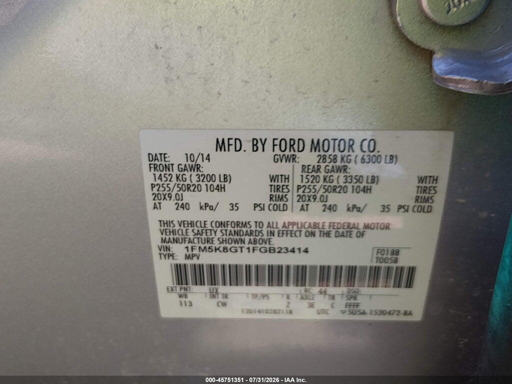 1FM5K8GT1FGB23414 2015 FORD EXPLORER photo no. 9