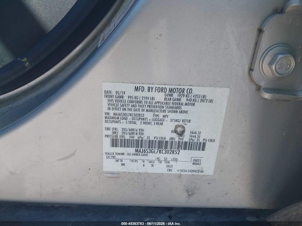 MAJ6S3GL7KC302852 2019 FORD ECOSPORT photo no. 9