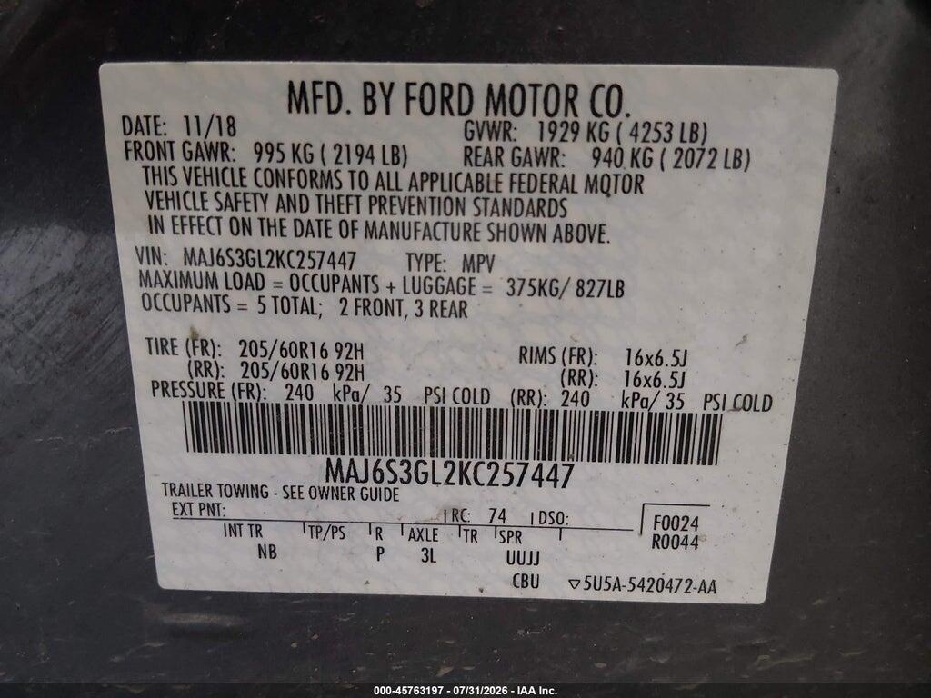 MAJ6S3GL2KC257447 2019 FORD ECOSPORT photo no. 9