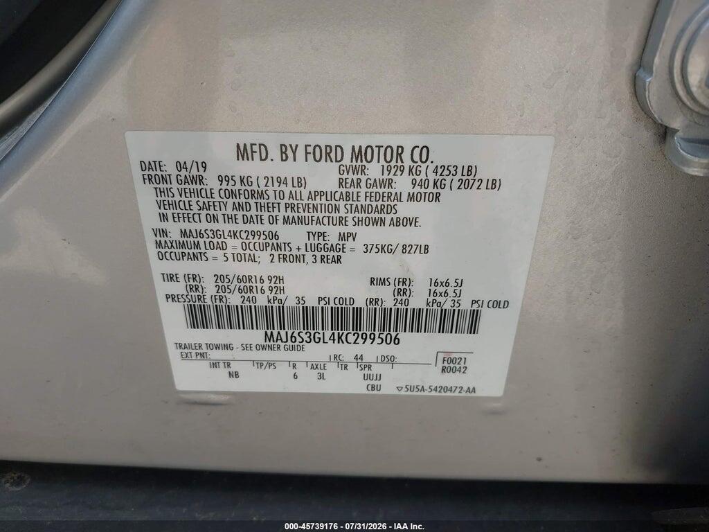 MAJ6S3GL4KC299506 2019 FORD ECOSPORT photo no. 9