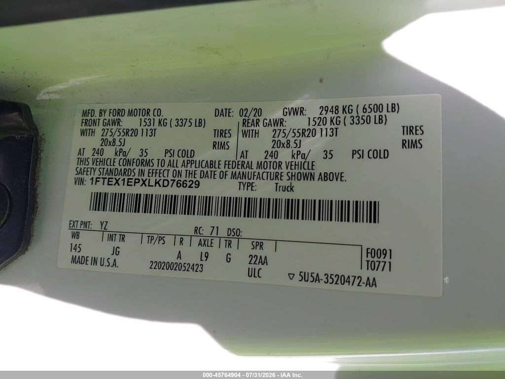 1FTEX1EPXLKD76629 2020 FORD F-150 photo no. 9