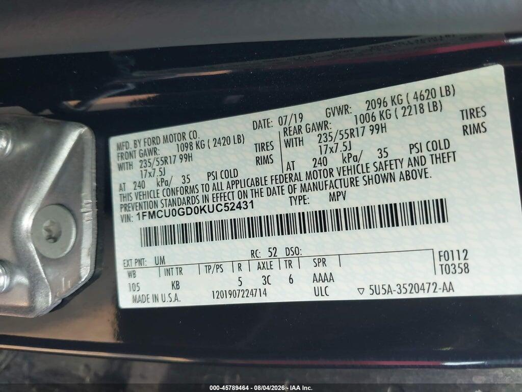 1FMCU0GD0KUC52431 2019 FORD ESCAPE photo no. 9
