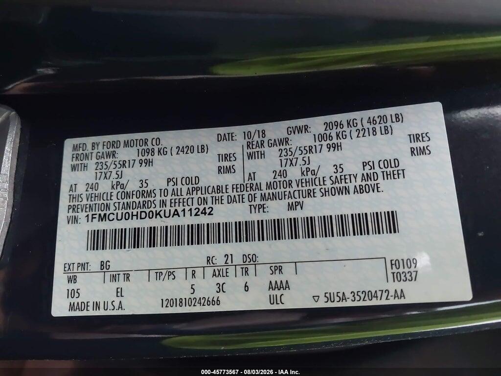 1FMCU0HD0KUA11242 2019 FORD ESCAPE photo no. 9