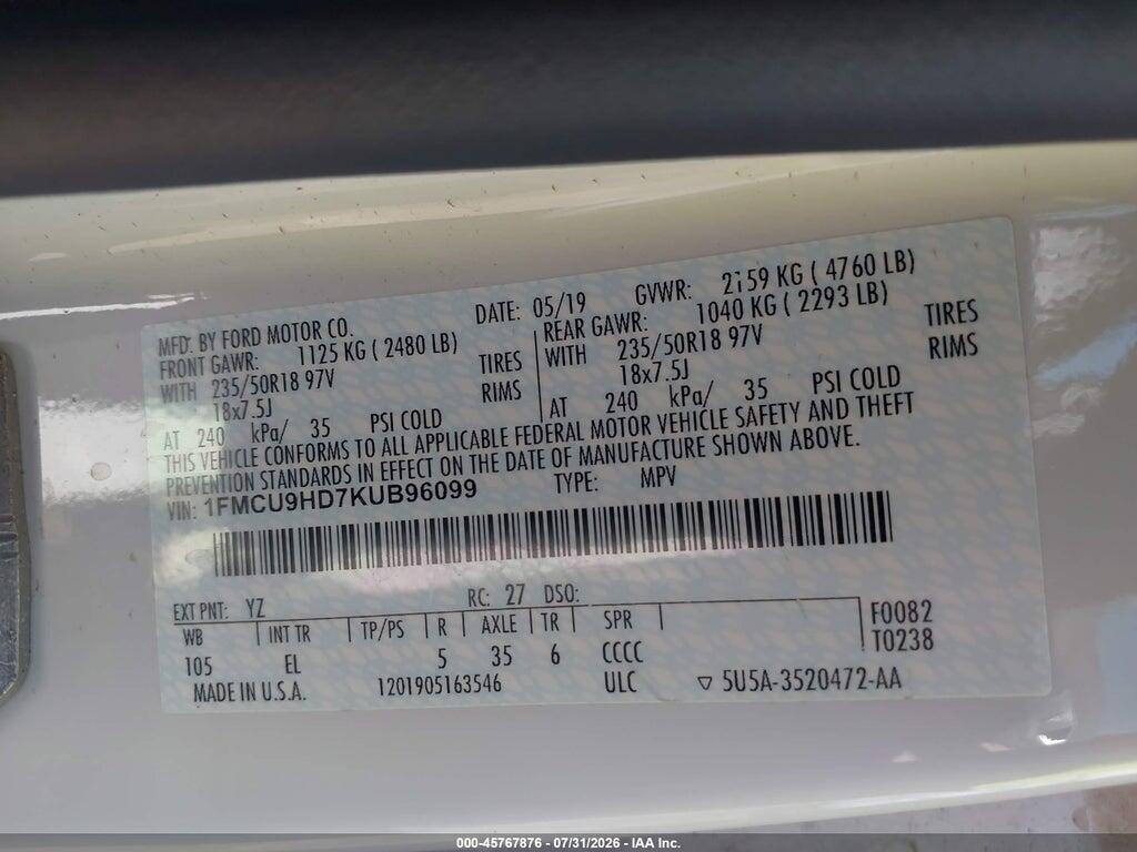 1FMCU9HD7KUB96099 2019 FORD ESCAPE photo no. 9