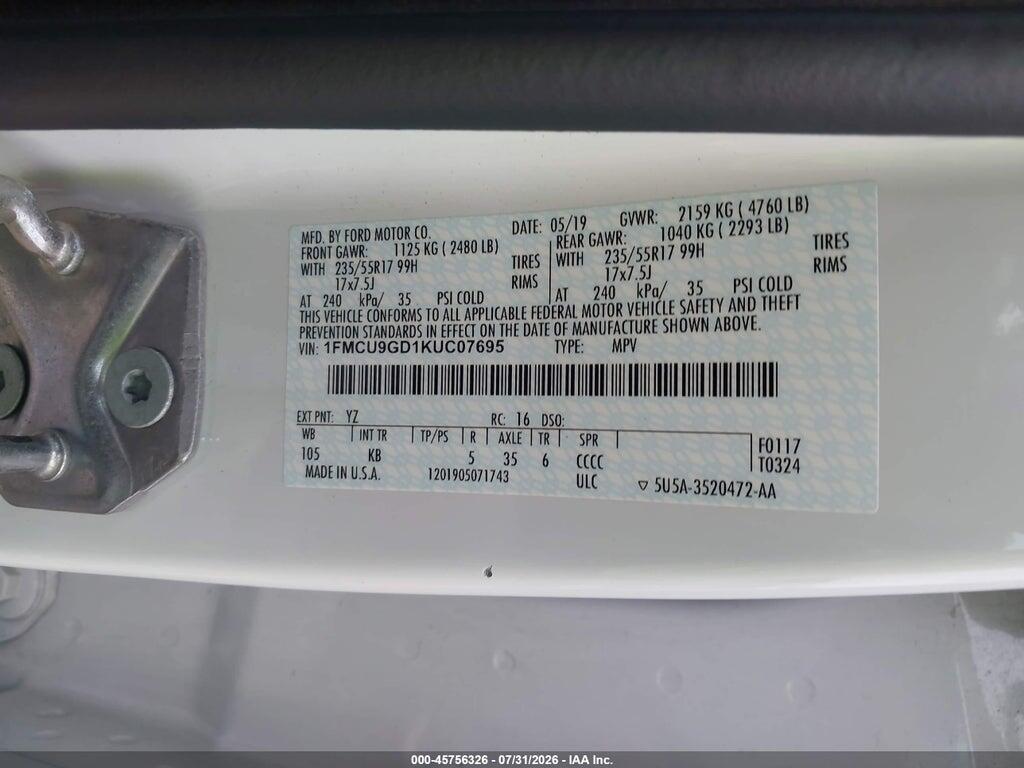 1FMCU9GD1KUC07695 2019 FORD ESCAPE photo no. 9