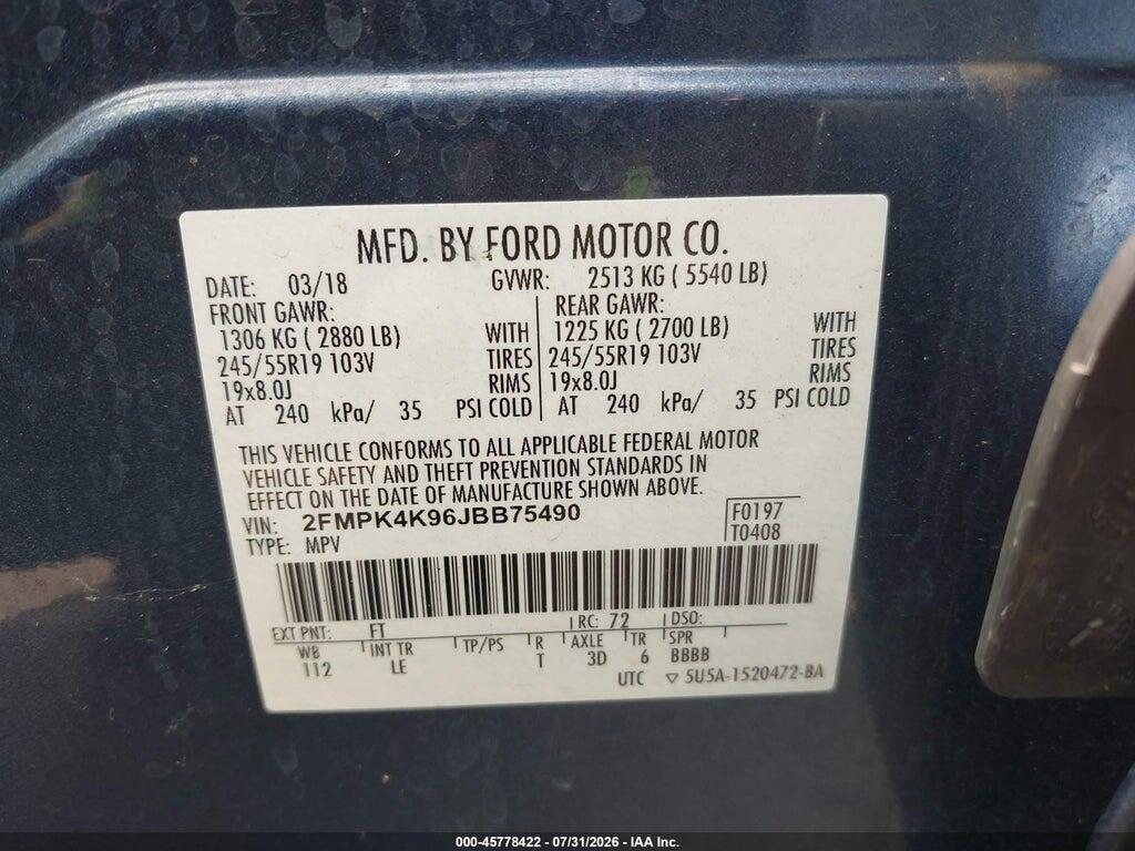 2FMPK4K96JBB75490 2018 FORD EDGE photo no. 9