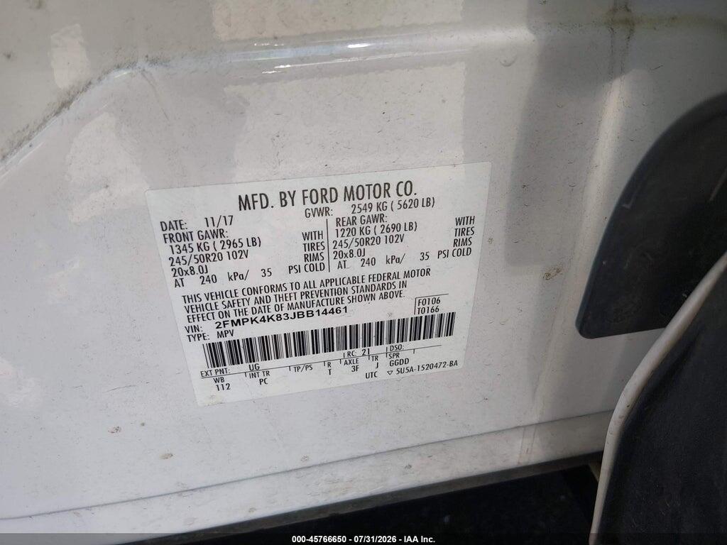 2FMPK4K83JBB14461 2018 FORD EDGE photo no. 9
