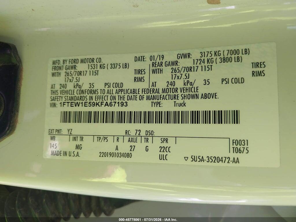 1FTEW1E59KFA67193 2019 FORD F-150 photo no. 9