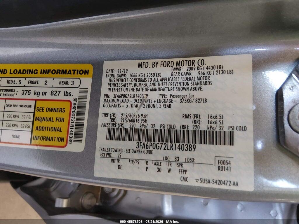 3FA6P0G72LR140389 2020 FORD FUSION photo no. 9