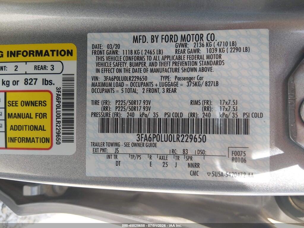 3FA6P0LU0LR229650 2020 FORD FUSION photo no. 9