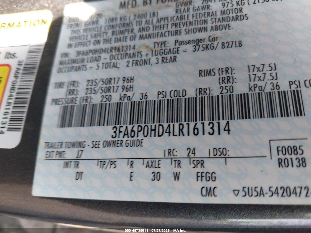 3FA6P0HD4LR161314 2020 FORD FUSION photo no. 9