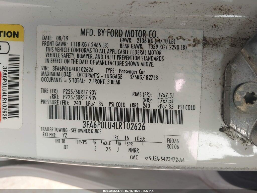 3FA6P0LU4LR102626 2020 FORD FUSION photo no. 9