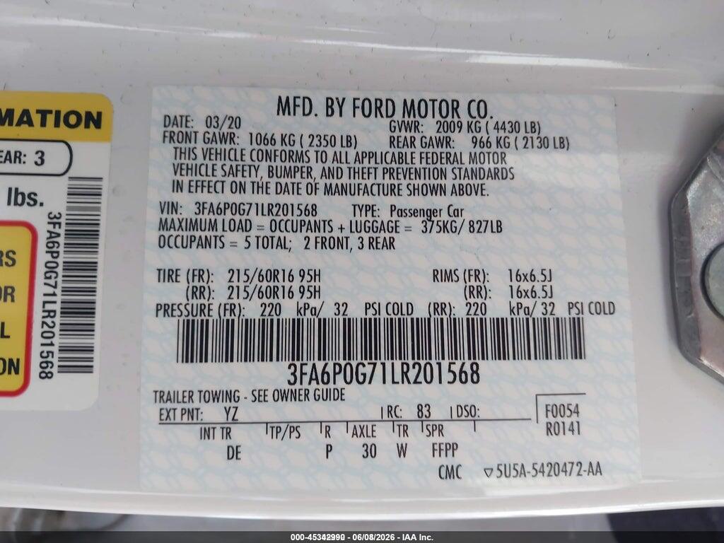 3FA6P0G71LR201568 2020 FORD FUSION photo no. 9