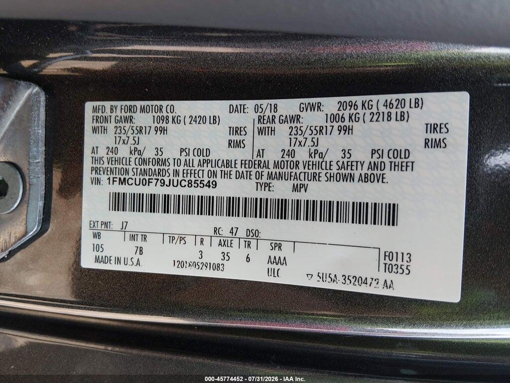 1FMCU0F79JUC85549 2018 FORD ESCAPE photo no. 9
