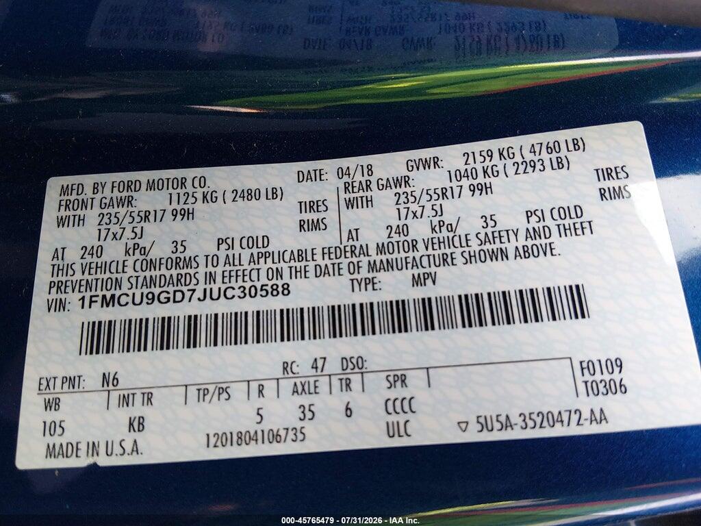 1FMCU9GD7JUC30588 2018 FORD ESCAPE photo no. 9