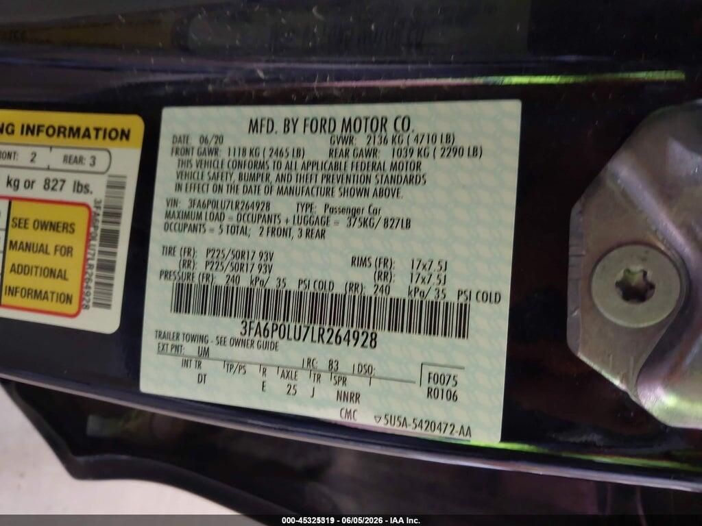 3FA6P0LU7LR264928 2020 FORD FUSION photo no. 9