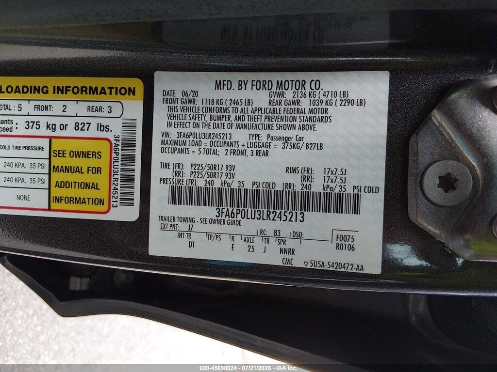3FA6P0LU3LR245213 2020 FORD FUSION photo no. 9