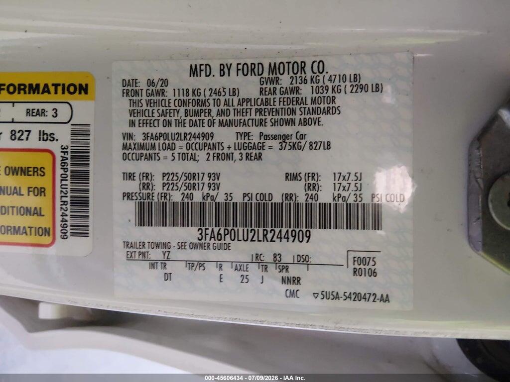 3FA6P0LU2LR244909 2020 FORD FUSION photo no. 9