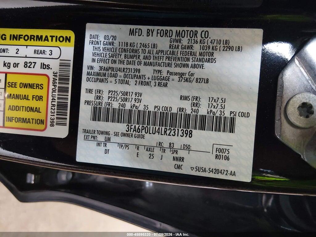 3FA6P0LU4LR231398 2020 FORD FUSION photo no. 9