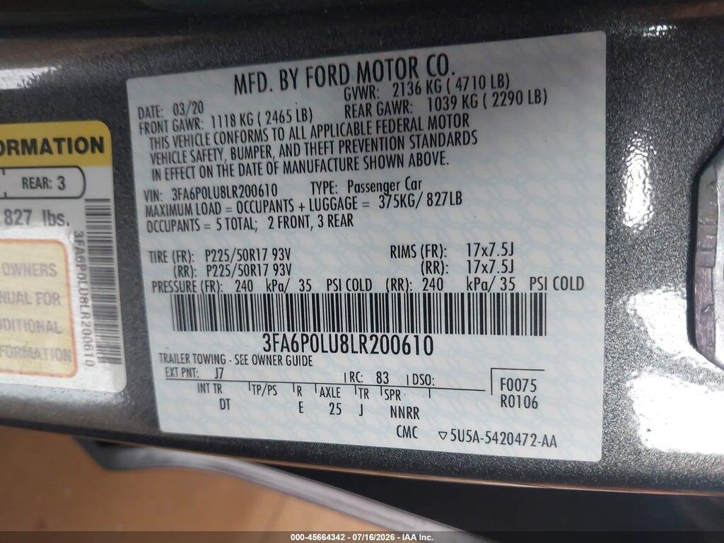 3FA6P0LU8LR200610 2020 FORD FUSION photo no. 9