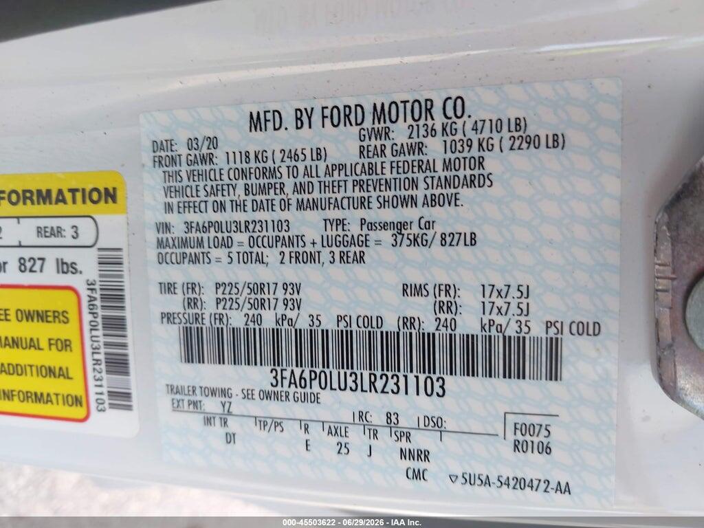 3FA6P0LU3LR231103 2020 FORD FUSION photo no. 9
