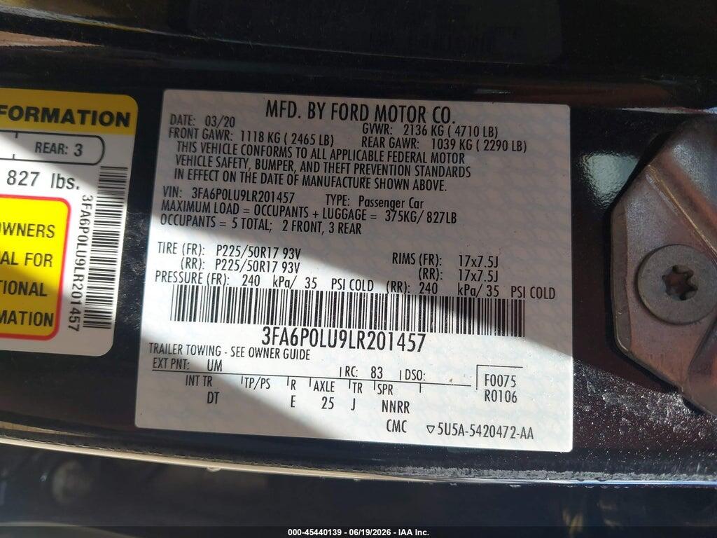 3FA6P0LU9LR201457 2020 FORD FUSION photo no. 9