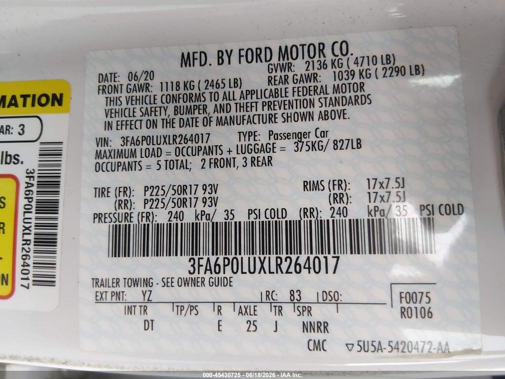 3FA6P0LUXLR264017 2020 FORD FUSION photo no. 9