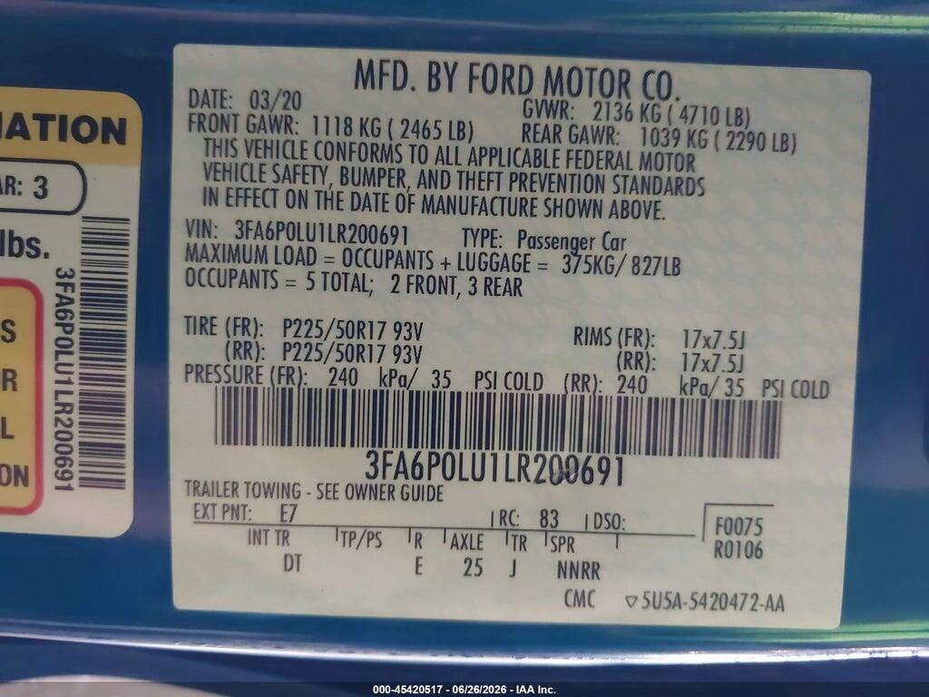 3FA6P0LU1LR200691 2020 FORD FUSION photo no. 9