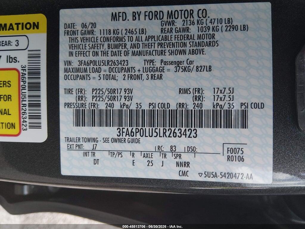 3FA6P0LU5LR263423 2020 FORD FUSION photo no. 9