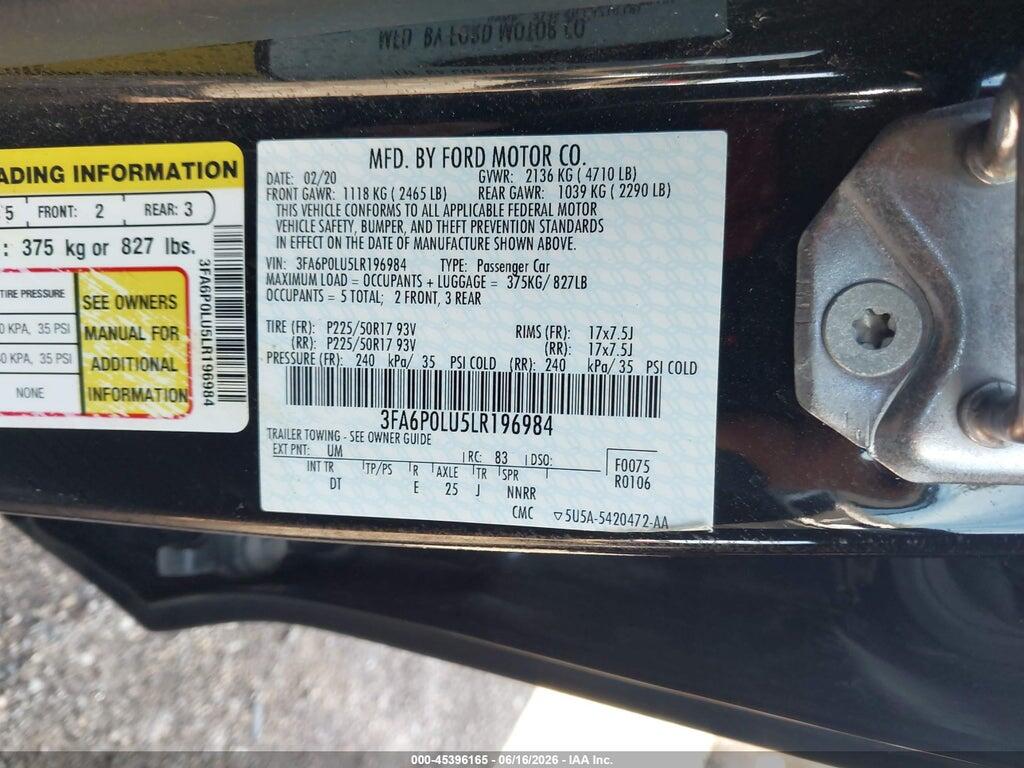 3FA6P0LU5LR196984 2020 FORD FUSION photo no. 9
