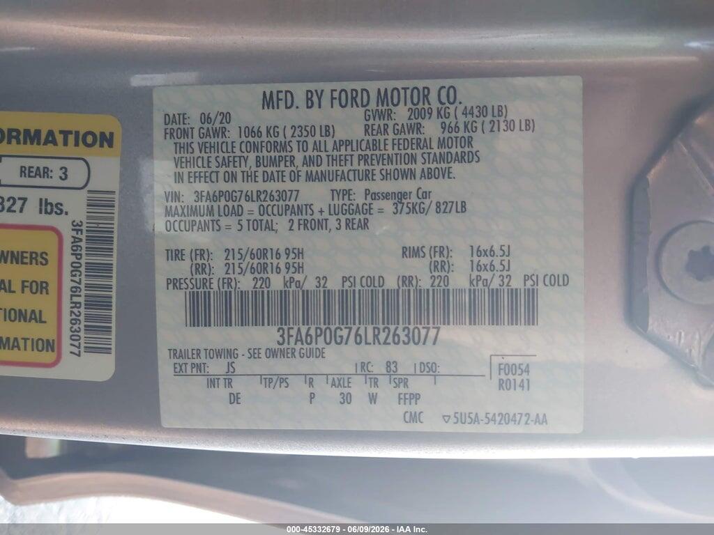 3FA6P0G76LR263077 2020 FORD FUSION photo no. 9