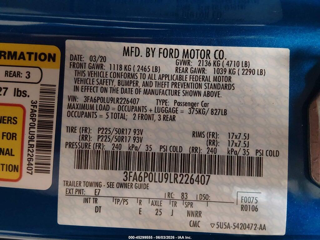 3FA6P0LU9LR226407 2020 FORD FUSION photo no. 9