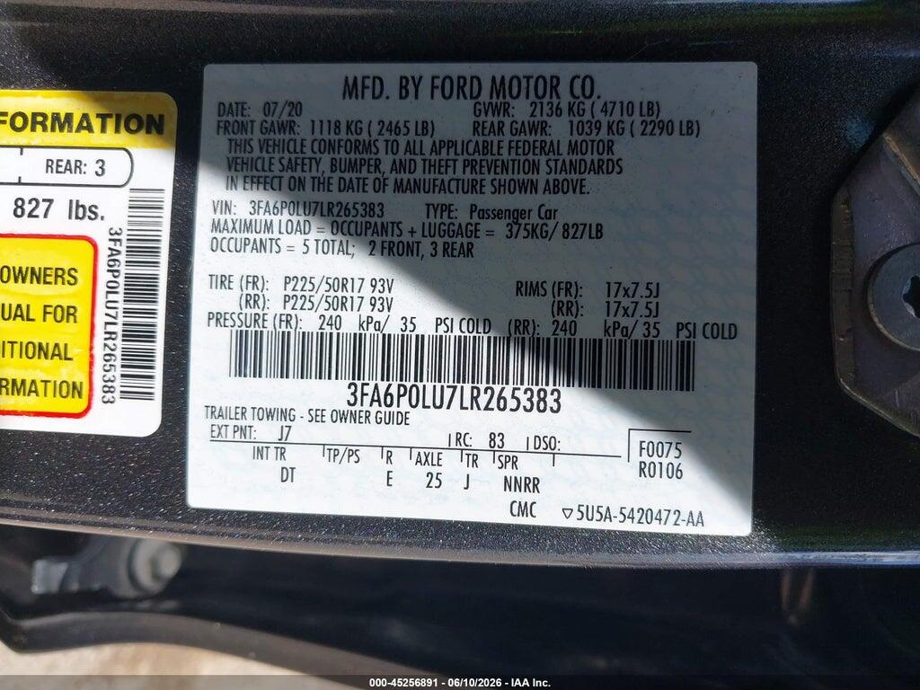 3FA6P0LU7LR265383 2020 FORD FUSION photo no. 9