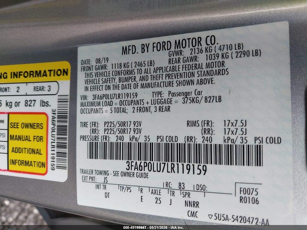 3FA6P0LU7LR119159 2020 FORD FUSION photo no. 9