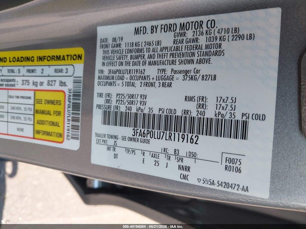 3FA6P0LU7LR119162 2020 FORD FUSION photo no. 9